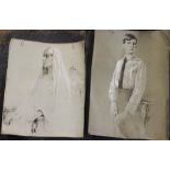 Two Russian school pencil studies on silk indistinctly signed