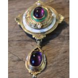 A 9ct. yellow gold, enamel, amethyst and seed pearl pendant, of domed oval form with oval cabochon