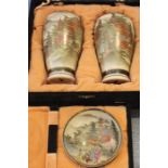 A cased pair of Japnaese Satsuma vases and similar bowl and a collection of Japanese Kutani