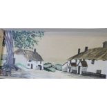 Alex Learmonth, oil on board, a landscape study of cottages, signed lower left, 41cm x 91cm, framed.