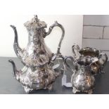 A Victorian silver plated four piece tea and coffee service, with rose and scrolling leaf