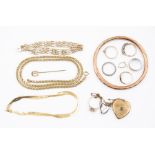 A collection of 9ct gold and gilt metal jewellery to include 9ct gold bangle, gate bracelet,