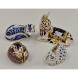 Royal Crown Derby paperweights of a donkey, mouse, fox and rabbit all with gold stoppers, A.F