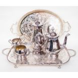 Two trays, coffee pot, tea pot, cream jug, sugar bowl and tongs (6)