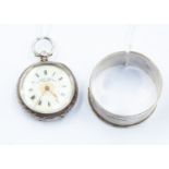 A ladies silver pocket watch, J.G Graves Sheffield, white enamel dial with gilt floral decoration,