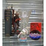 A Chinese carved figure, red lacquered box and cover, two glass paperweights, cut glass vase, beaded