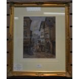 Sam Webley, watercolour, street scene with figures, signed to lower left, 32 x 25 cms approx, Hugh