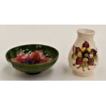 A late 20th Century Moorcroft orchid vase, 10cm high, together with a hibiscus bowl, 11cm