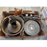 A collection of metal ware including a set of fire irons, copper cooking pans, Holcroft cooking pot,
