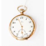 An Omega silver and rose gold open faced pocket watch, white enamel dial, numbers, subsidiary