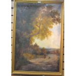 S.T Wardle, British, 19th Century, travelling figure with dog in wooded landscape, signed and