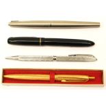Pens including Parker fountain pen, Waterman ball point, other fountain pen and boxed Script pen
