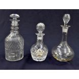 A Regency triple ring neck, glass decanter and three others (one with a Coalport Brandy label) (4)