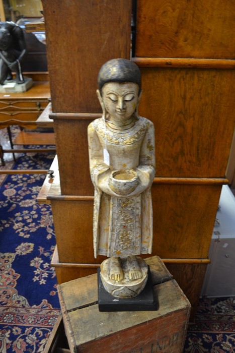 ** COLLECTED 25/10/19 BJ  **A carved and painted wooden Oriental figure, approx 69 cms in height