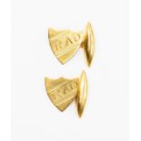 A pair of yellow metal shield shaped initialled cufflinks, probably 18ct gold, weight approx.  3.9