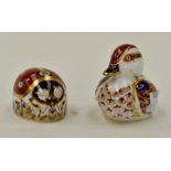 A Duck and a Ladybird Royal Crown Derby paperweights; gold stoppers.