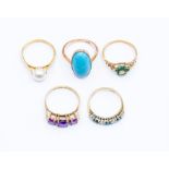 A group of five 9ct gold stone set dress rings, to include amethyst, emerald, pearl, paste and