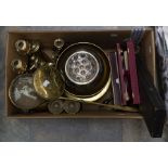 Assorted metal ware including copper pan, warmer, candlesticks, plated spoons and fish knives