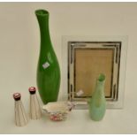 **AWAY** Two slender green vases, salt and pepper, cream jug, frame