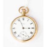 A 9ct gold Waltham pocket watch, white enamel dial, subsidiary dial, numerals, dial diameter