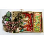 1920's jewellery including scarab type brooch and earrings, and Christmas decorations, hat pins,