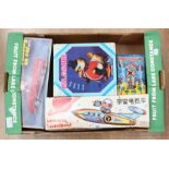 Tinplate; collection of boxed tinplate toys including Universe Televiboat, photoing on car,