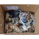 Assorted ceramics and glassware including Wedgwood glass candlesticks and Italian bird statues