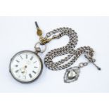 A late 19th Century gents pocket watch, chain, medallion and key, KAY's Perfection lever