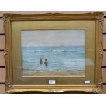 Watercolour of a beach scene with children, A Stewart, English School; 20th Century, signed l l,