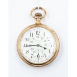 A gold plated Waltham open faced pocket watch, enamel dial, with black and red numerals and