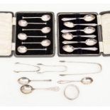 Assorted Silverware including Birmingham Silver Napkin ring, Sheffield Sugar tongs, a pair of