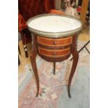 French style Mahogany marble top inlaid side table, with gilt metal decoration, surround and feet.