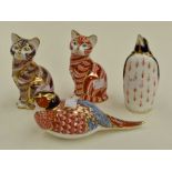 Royal Crown Derby paperweights of pheasant and penguin and two cats no stoppers