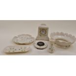 **AWAY** Three items of boxed modern Belleek to include a clock, an unboxed canape dish and