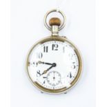 A Golliath open faced pocket watch, enamel dial, subsidiary, white metal, case diameter approx 65mm