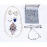 A collection of silver and white metal jewellery to include a large jasper set pendant with