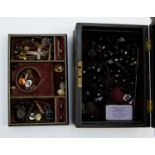 Whitby Jet, French Jet, hat pins, pins, watch keys etc all in a vintage leather jewel box