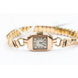 A 9ct gold Cudos ladies watch, circa 1930's, square dial, approx diameter 11mm, case diameter approx