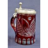 **AWAY** German ruby glass 19th Century tankard, with inscription to lid, dated 1866