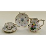 Meissen tea cup, saucer and saucer with relief form and insect detail plus a Continental jug with