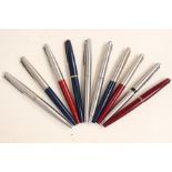 Ten Parker fountain pens, 45 style, silver, red and blue collar examples