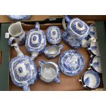 Spode Italian design, blue and white tea set with three jugs, teapot, hot water pot, sugar bowl,