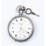 A Harris Stone Leeds, open faced silver pocket watch, white enamel dial, numerals, subsidiary