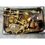 A collection of brass and copper wares, including North African items, candlesticks, bellows and