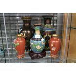 Five Cloisonne Chinese vases, and three stands