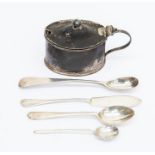 A silver mustard drum, Sheffield 1903, Atkin Brothers, and small selection of silver flatware