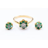 An 18ct emerald and diamond cluster ring, flower head detail, size O, along with a pair of 9ct
