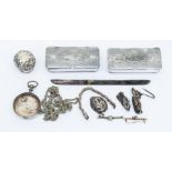 Silver and white metal pieces together with two 19th Century brooches and two snuff boxes