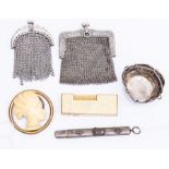 19th Century French ivory and brass scarf clip, a Dunhill lighter, two mesh purses and an etui