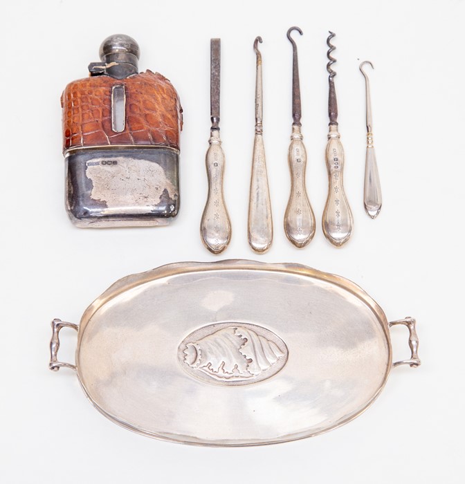 Collection of silver items including small tray flask, A/F, boot hooks etc